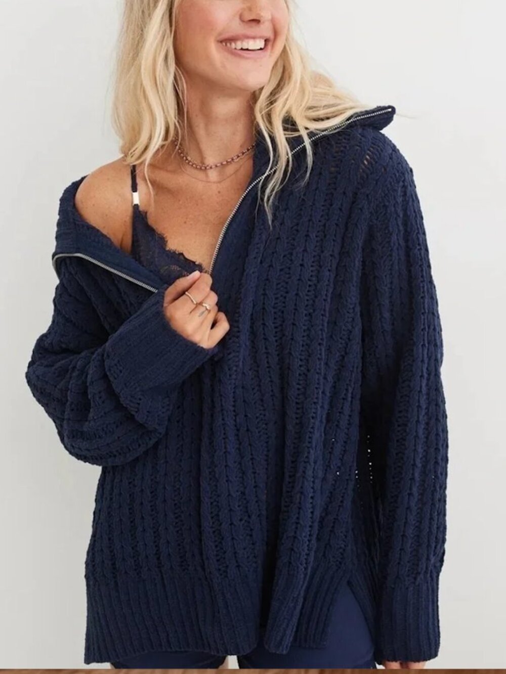 Aerie Cable Car Quarter Zip Sweater Women's Small Blue Cozy Cable Knit Scuba